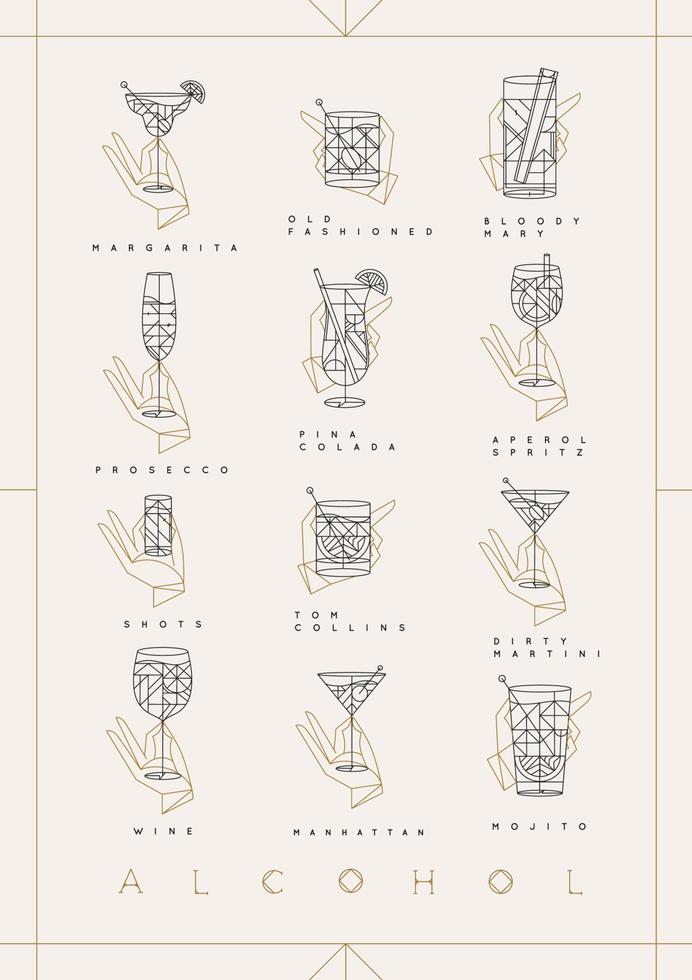 Art deco cocktails poster with glasses and names of the drink. Margarita, old fashioned, bloody mary, prosecco, pina colada, aperol spritz, shot, tom collins, dirty martini, wine, manhattan, mojito vector