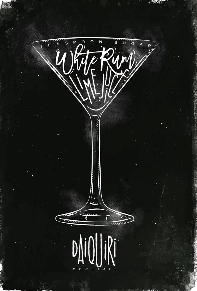 Daiquiri cocktail lettering teaspoon sugar, white rum, lime juice in vintage graphic style drawing with chalk on chalkboard background vector