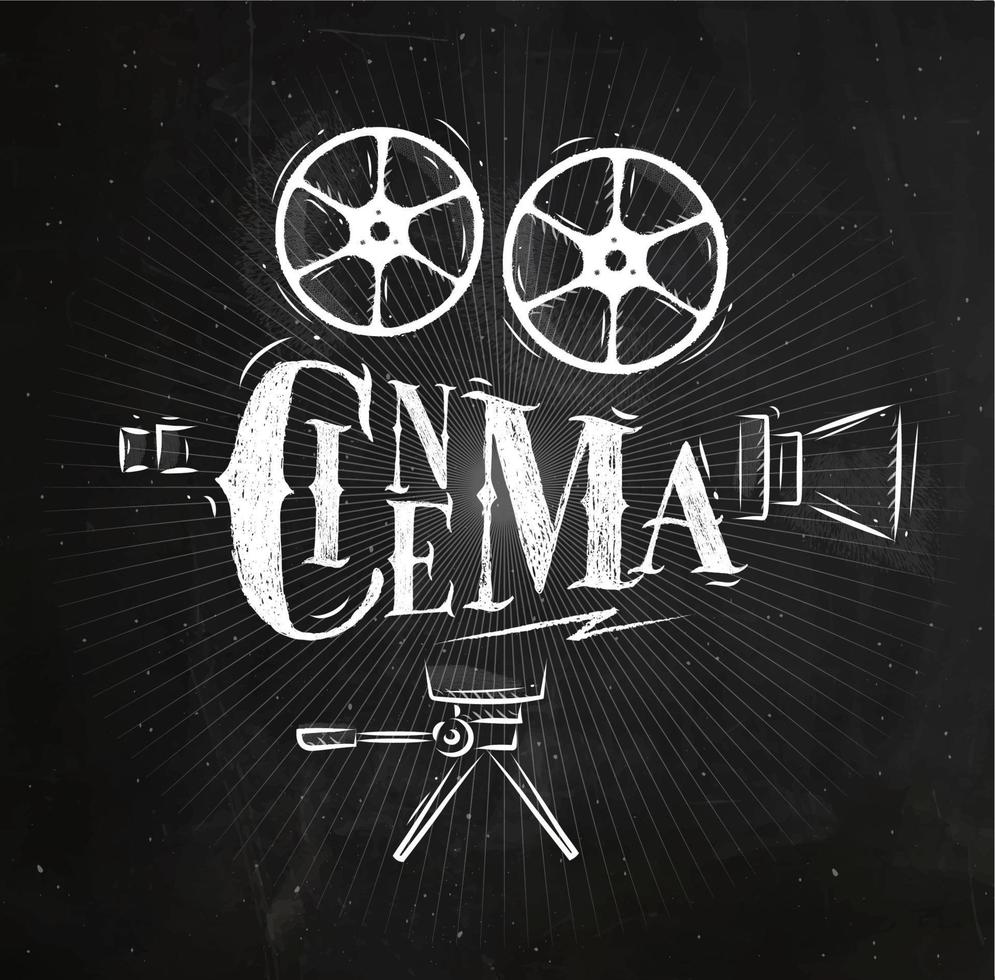 Poster movie camera lettering cinema in vintage style drawing with chalk on chalkboard background vector