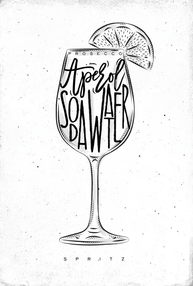 Spritz cocktail letras prosecco, aperol, agua de soda, en estilo gráfico vintage dibujo sobre papel sucio vector