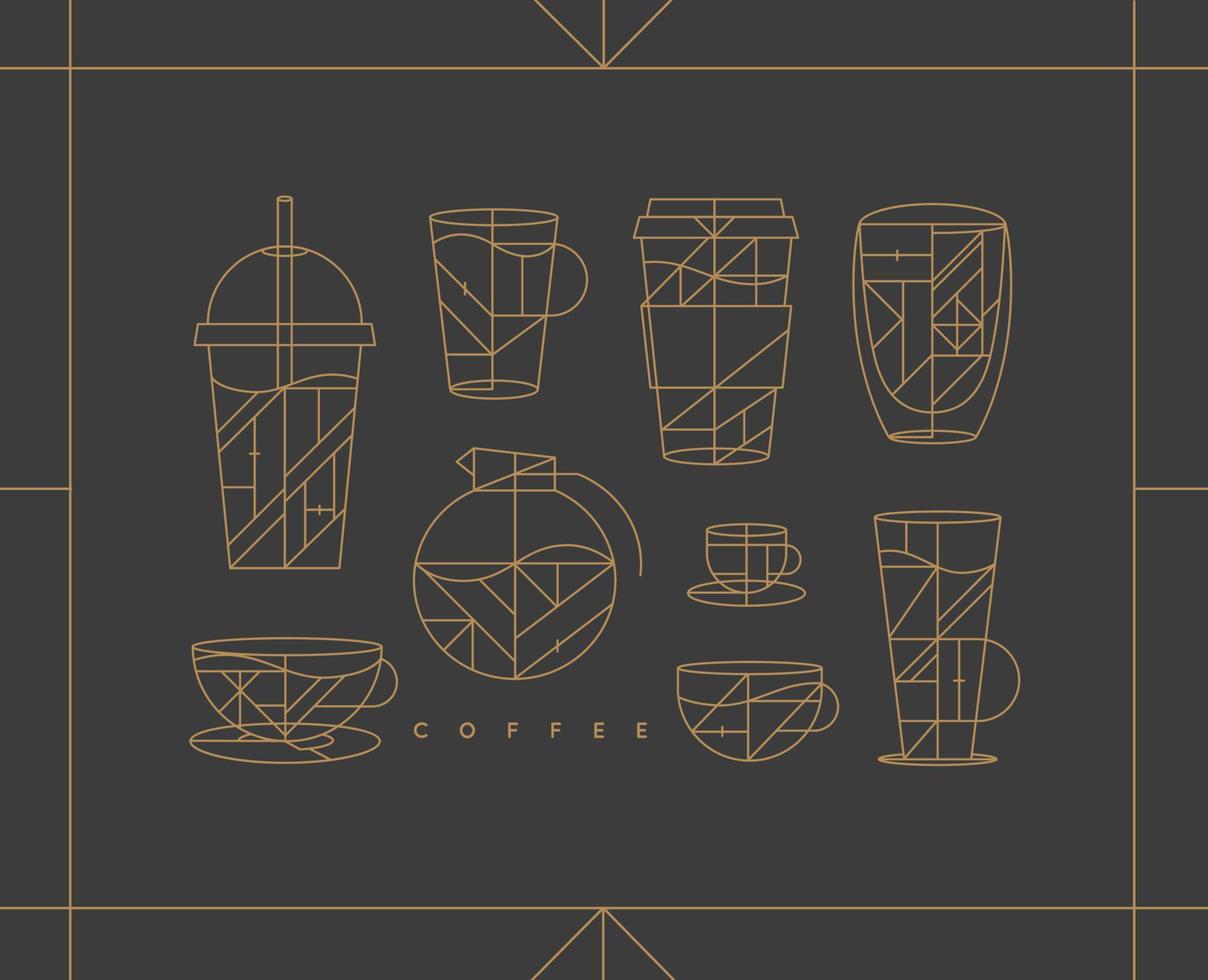 conjunto de creativo moderno Arte deco café tazas en plano línea estilo dibujo en oscuro antecedentes. vector