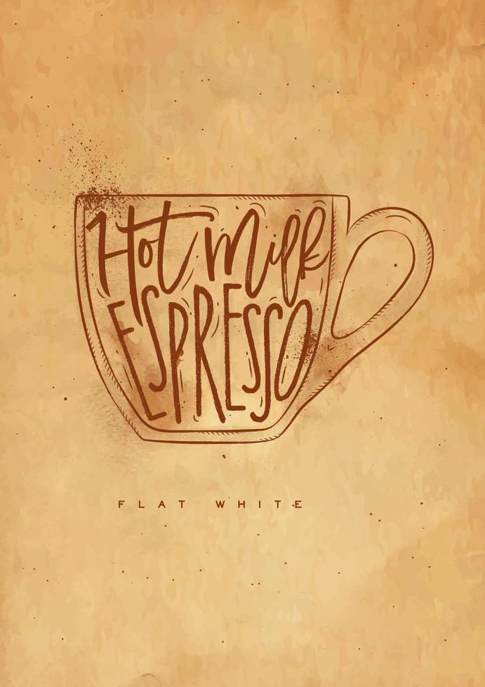 plano blanco letras caliente leche, Café exprés en Clásico gráfico estilo dibujo con arte vector