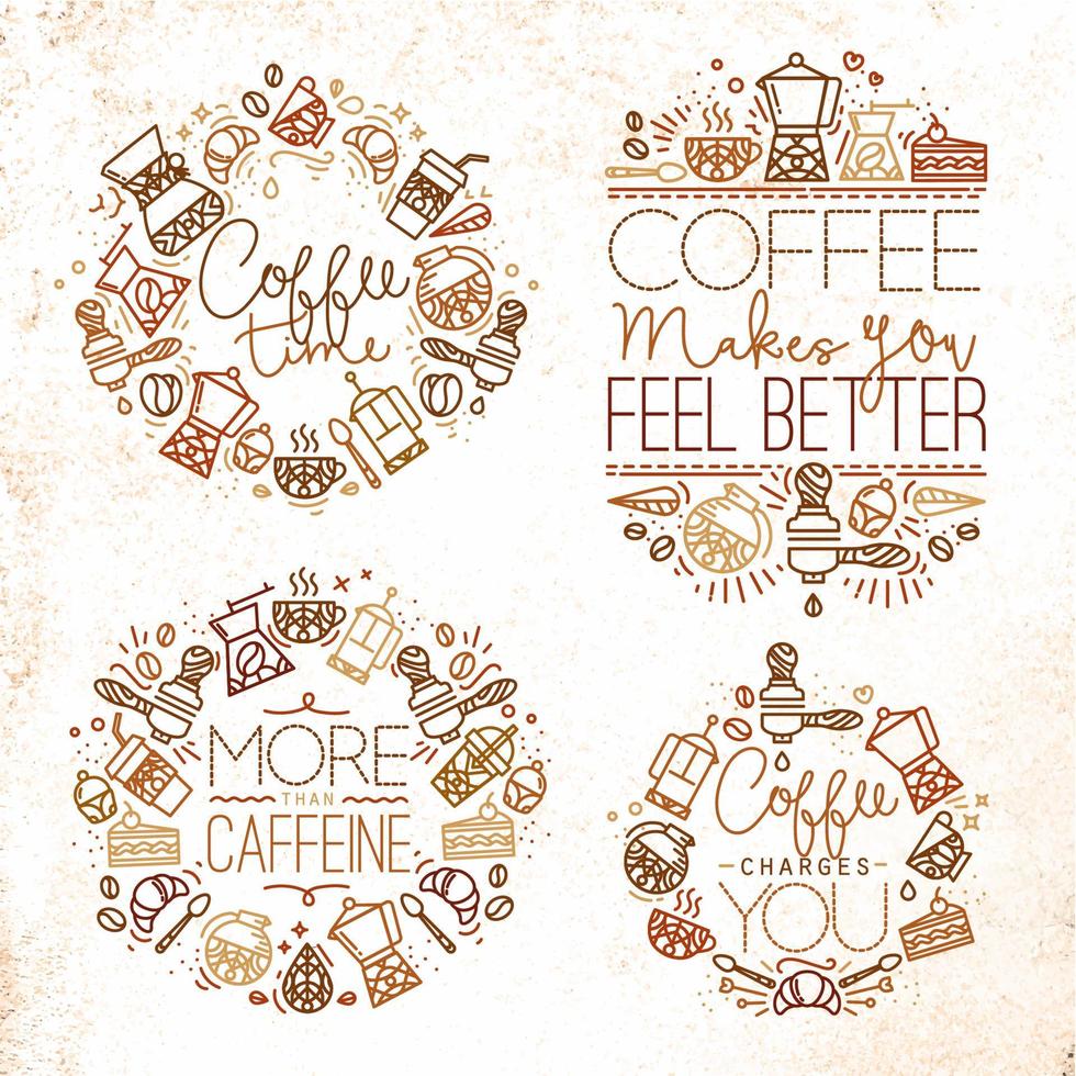 café icono monogramas en plano estilo, dibujo con marrón líneas en blanco antecedentes letras café tiempo, café hace usted sensación mejor, más que cafeína, café cargos usted vector