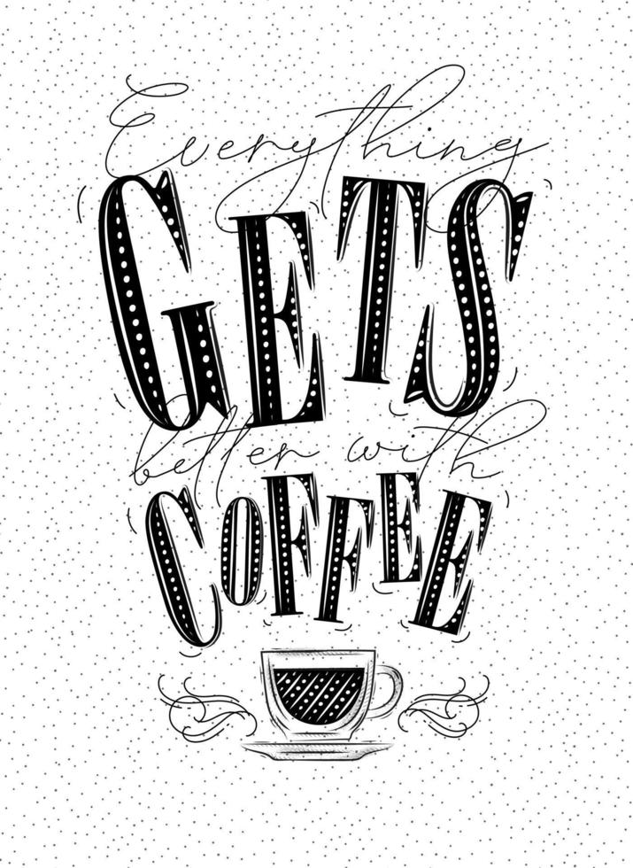 Poster lettering everything gets better with coffee drawing on white background vector