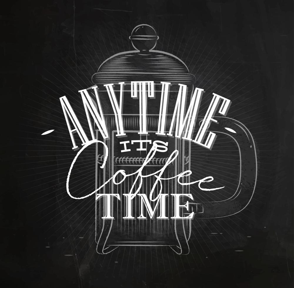Poster coffee lettering any time its coffee time in vintage style drawing with chalk on the blackboard vector