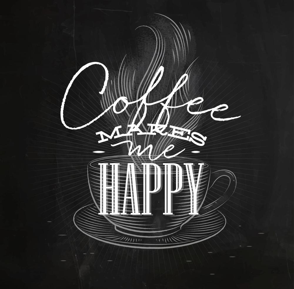 Poster coffee lettering coffee makes me happy in vintage style drawing with chalk on the blackboardPrint vector