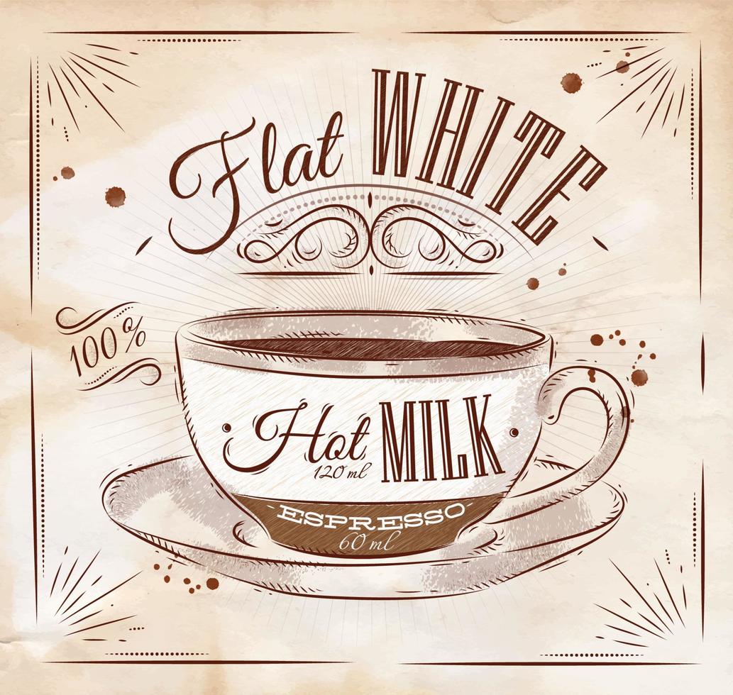 Poster coffee flat white in vintage style drawing with chalk on the blackboard vector