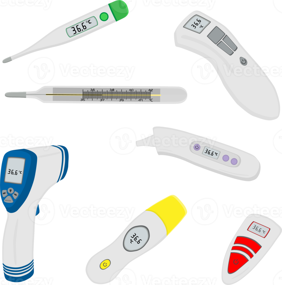 big set different types of thermometers for hospital png