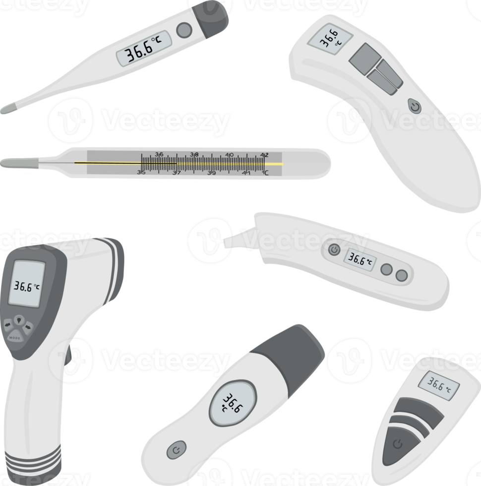 big set different types of thermometers for hospital png