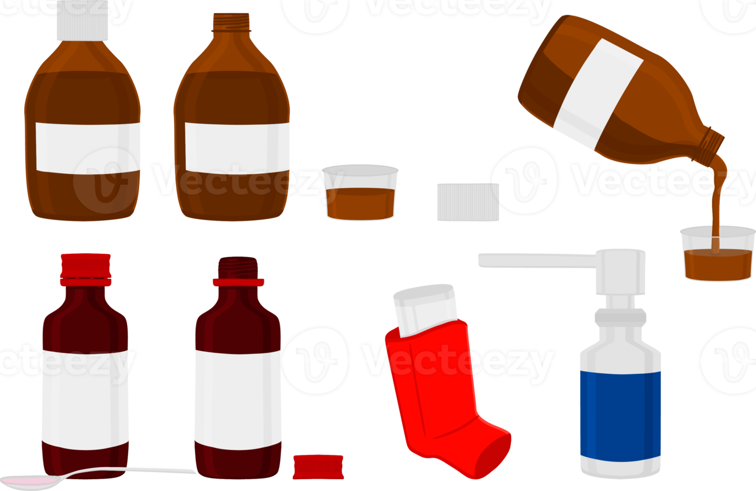 big set different types of sprayers in vial png
