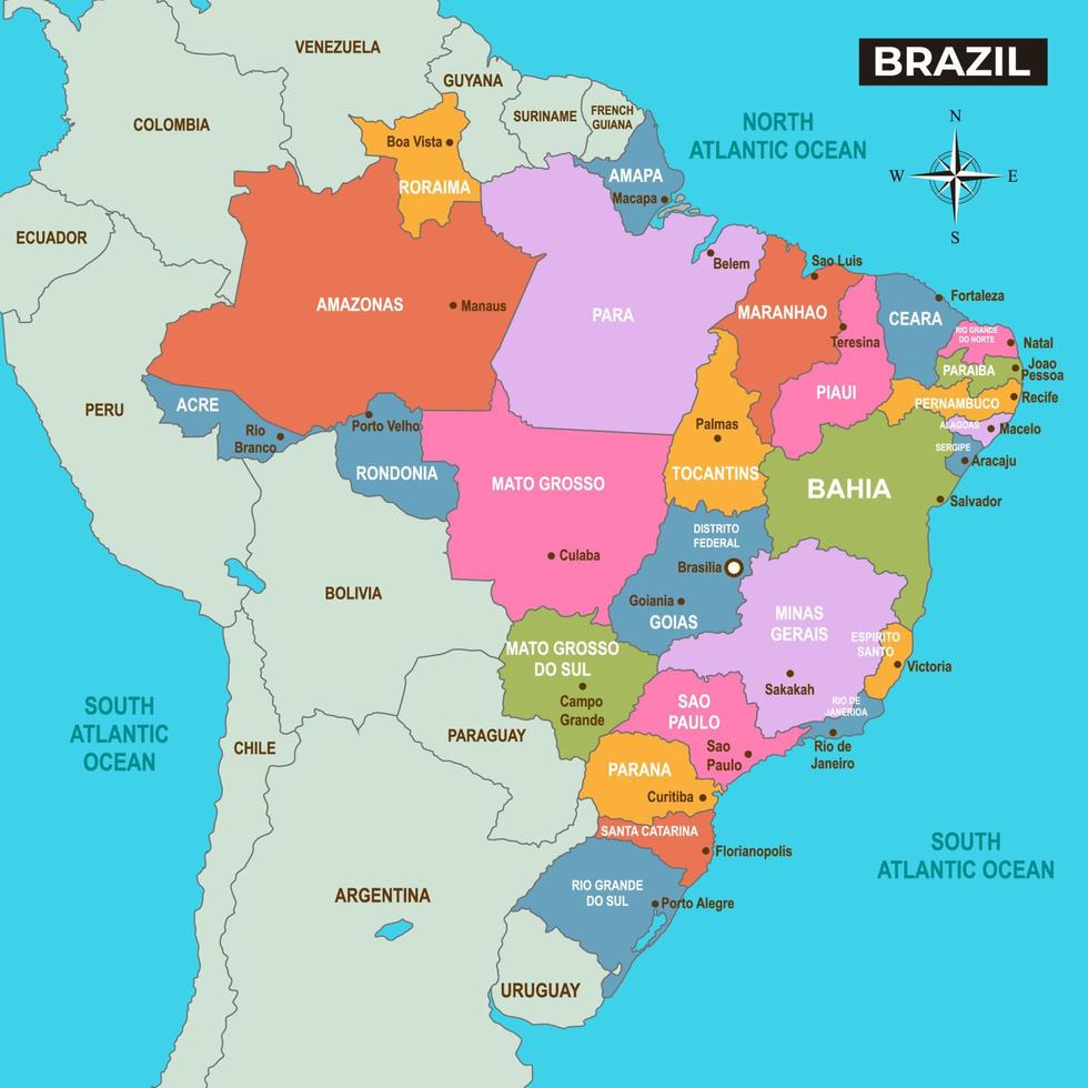 mapa del país de brasil con nombres de ciudades vector