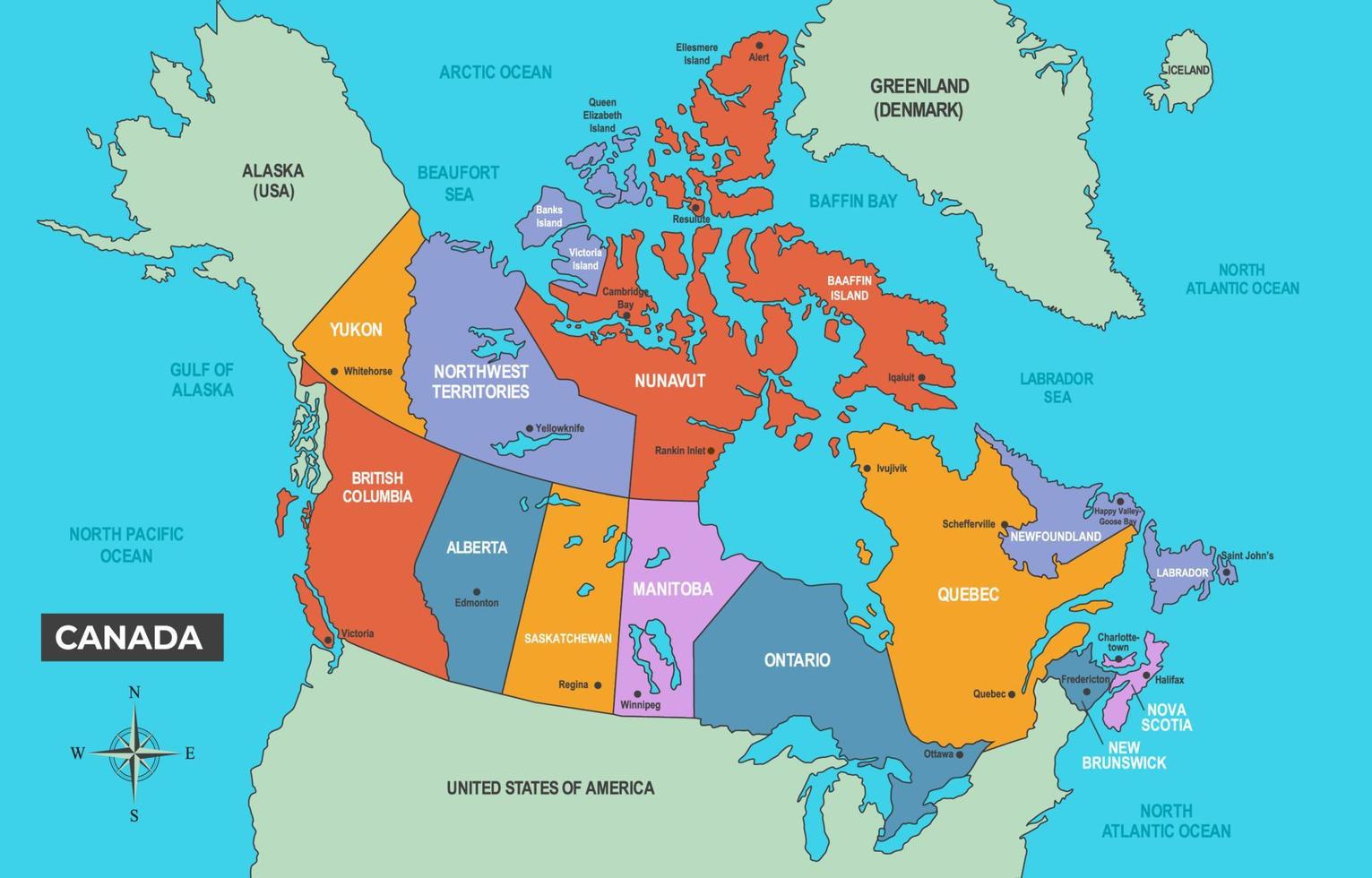 Canada Country Map with City Names vector