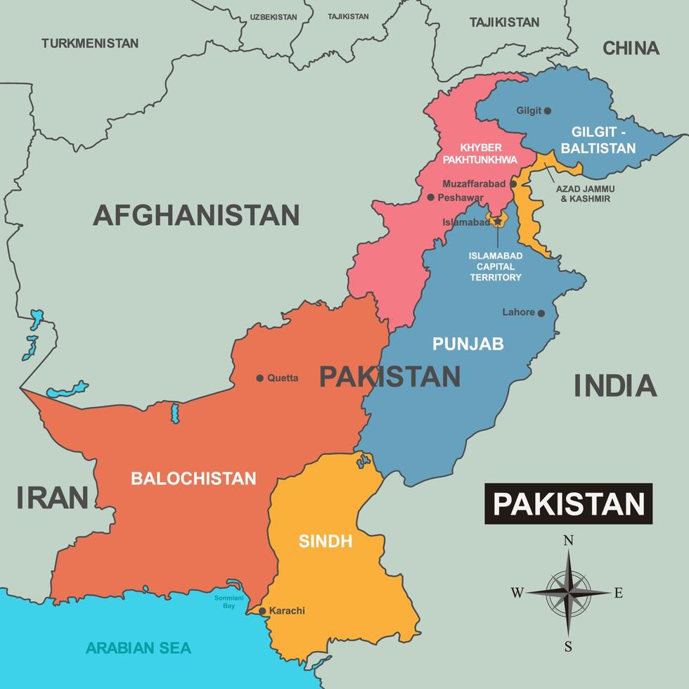 Pakistán mapa con distrito nombres vector