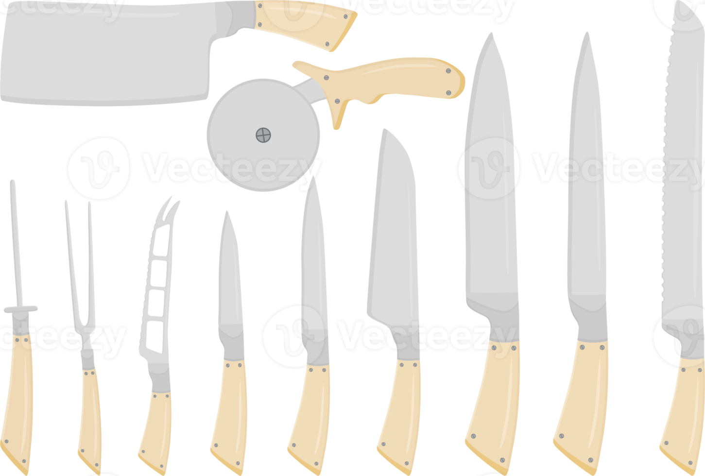 grande conjunto de diferentes tipos de facas de tamanho diferente para açougueiro png