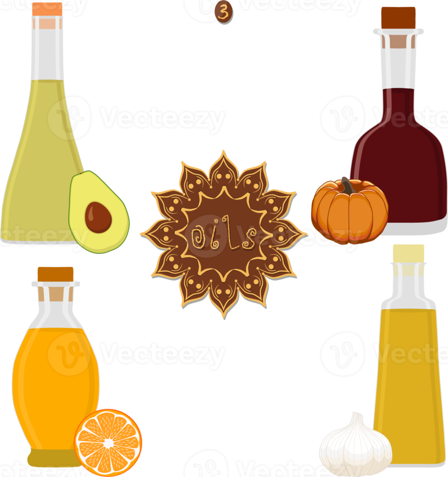 Various sweet tasty oil in glaas bottles png