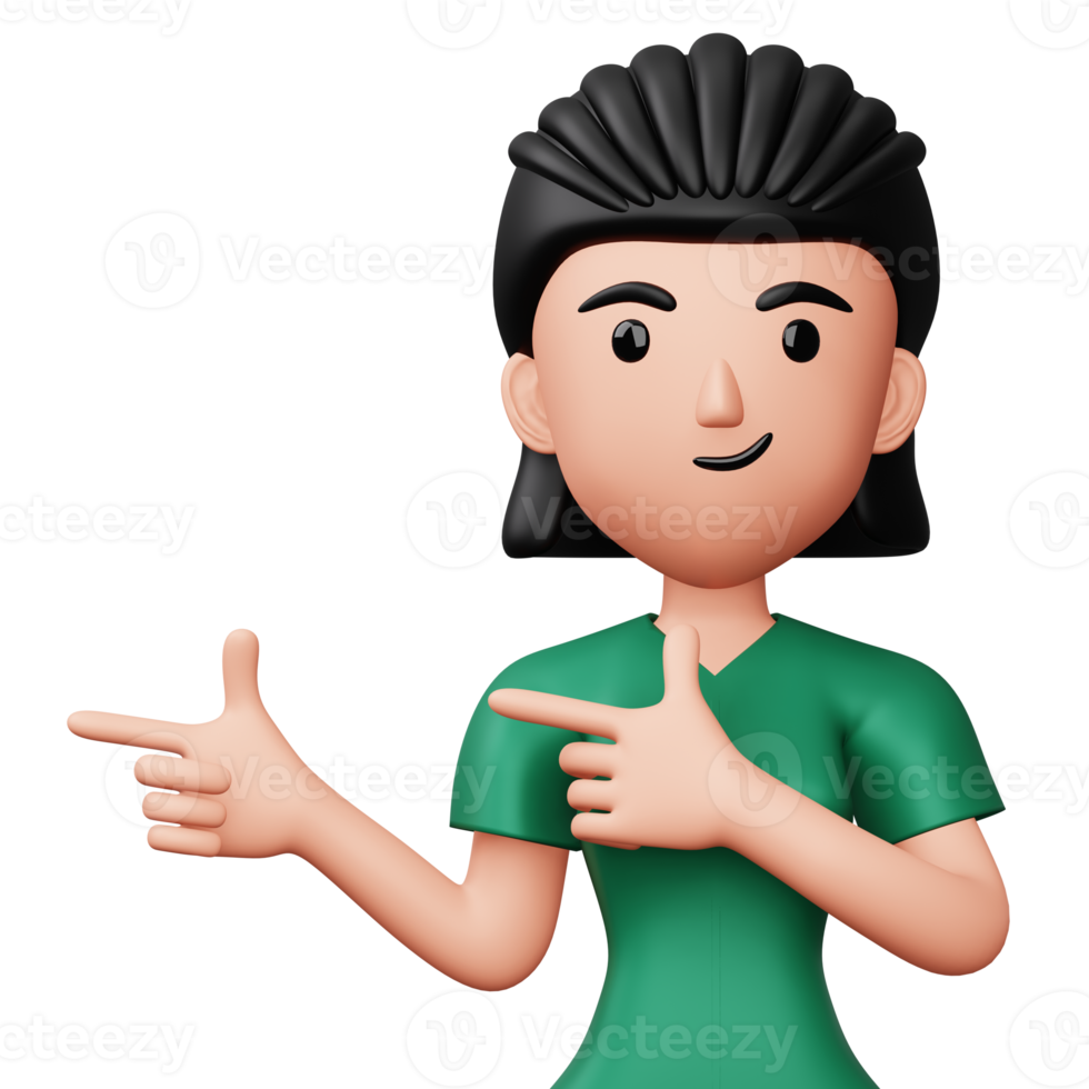 Happy excited woman pointing to the side, Cute cartoon character, 3d rendering png