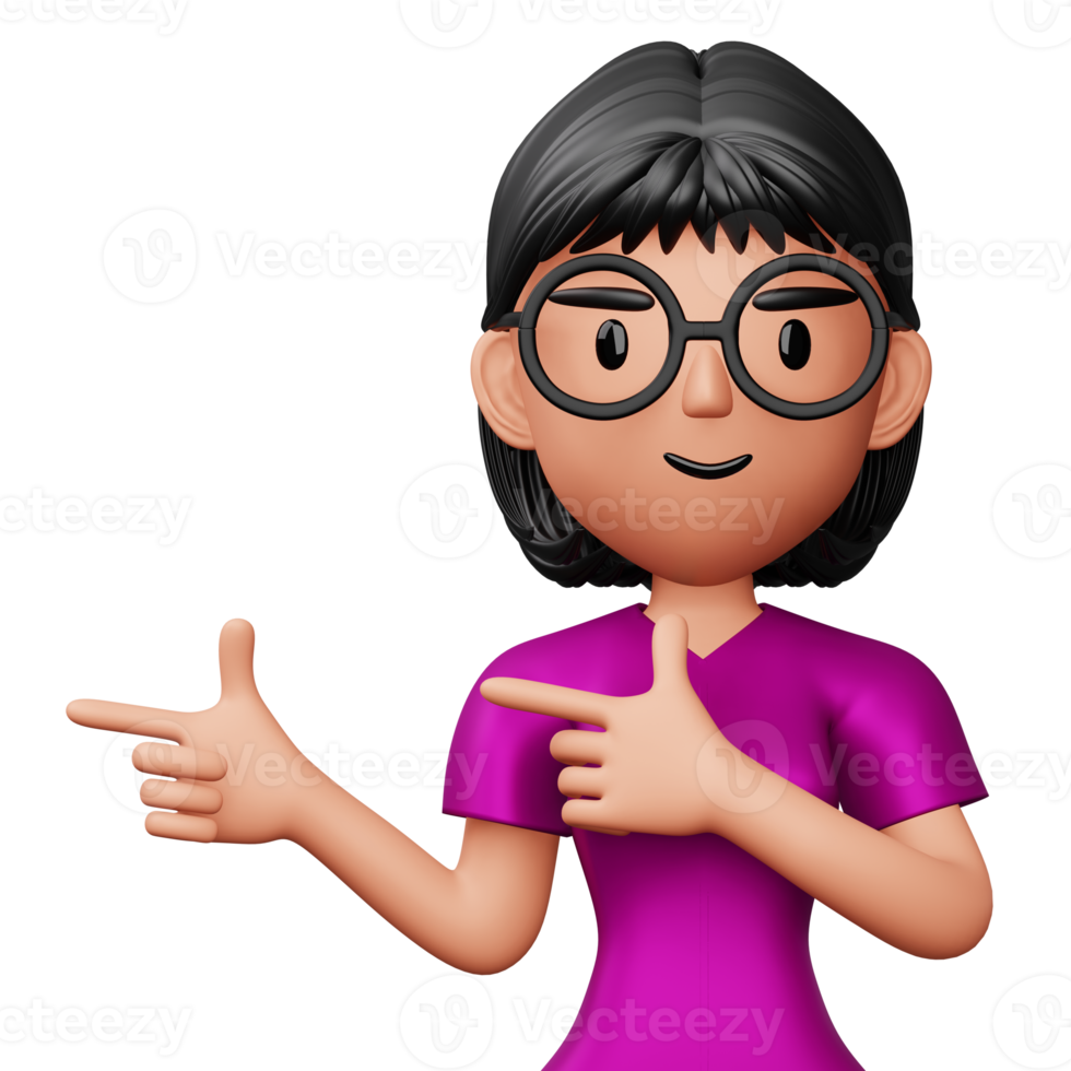 Happy excited woman pointing to the side, Cute cartoon character, 3d rendering png