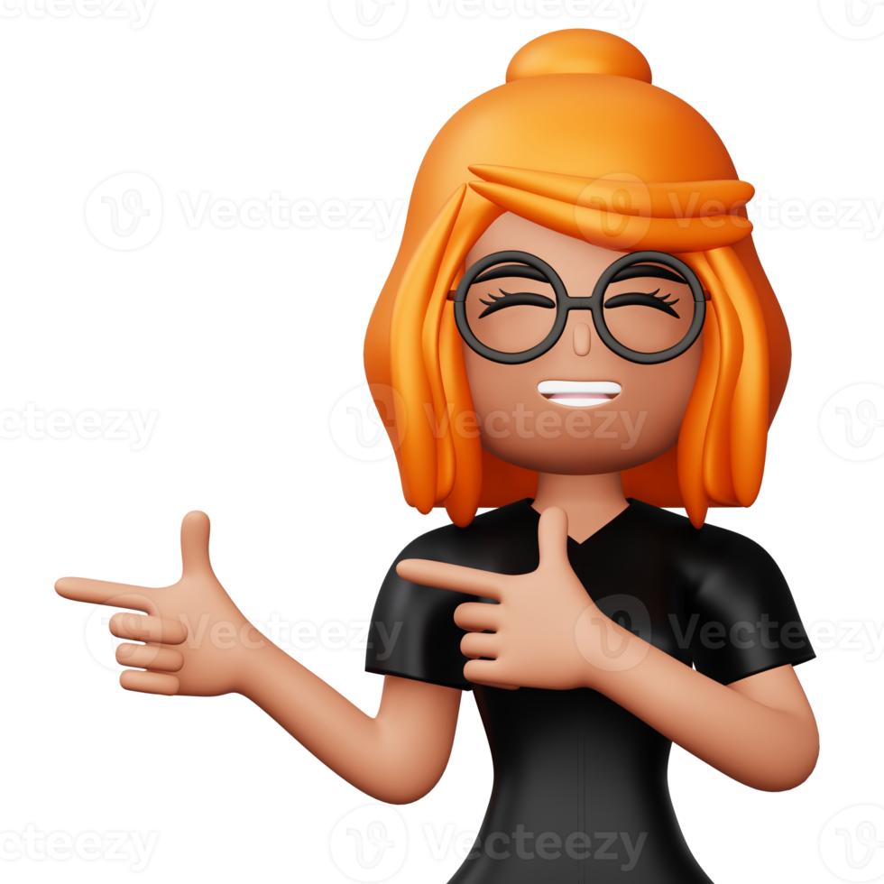 Happy excited woman pointing to the side, Cute cartoon character, 3d rendering png