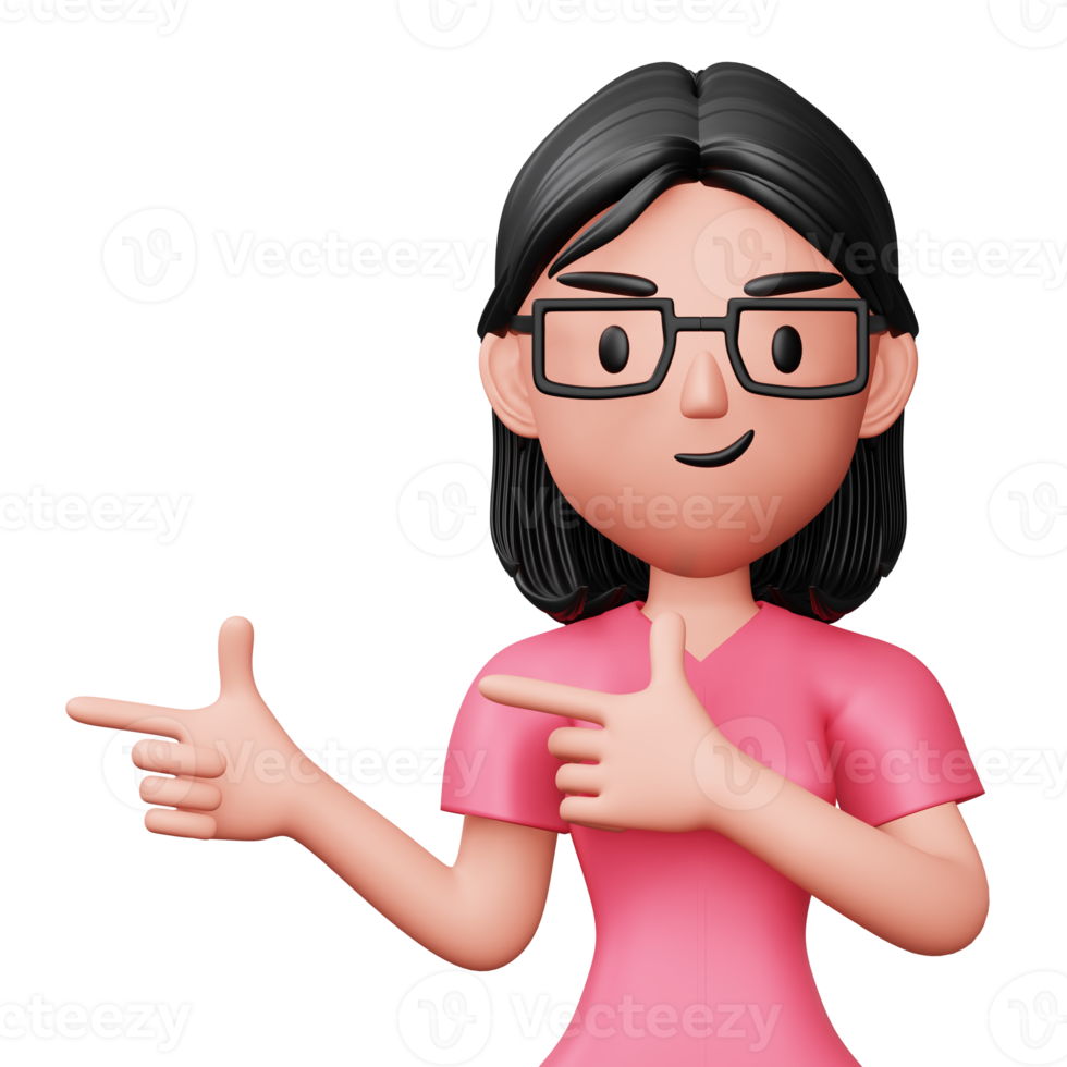 Happy excited woman pointing to the side, Cute cartoon character, 3d rendering png