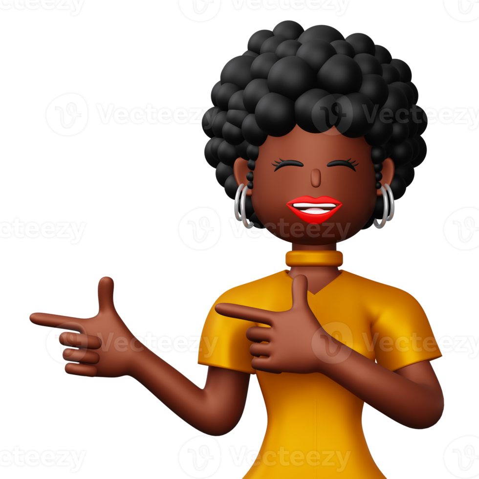 Happy excited woman pointing to the side, Cute cartoon character, 3d rendering png