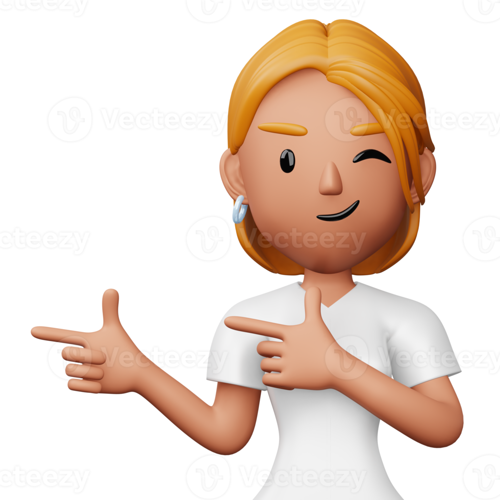 Happy excited woman pointing to the side, Cute cartoon character, 3d rendering png