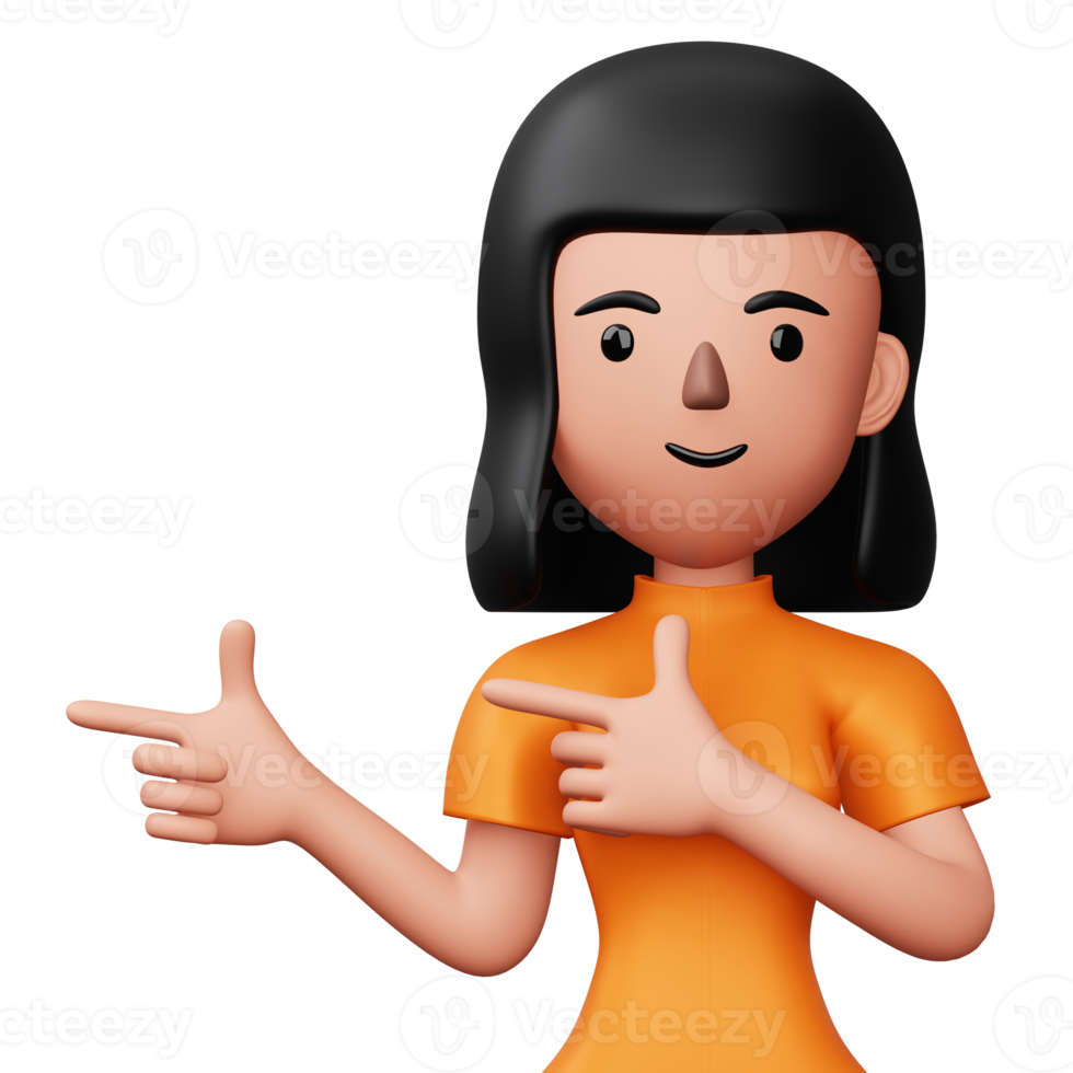 Happy excited woman pointing to the side, Cute cartoon character, 3d rendering png
