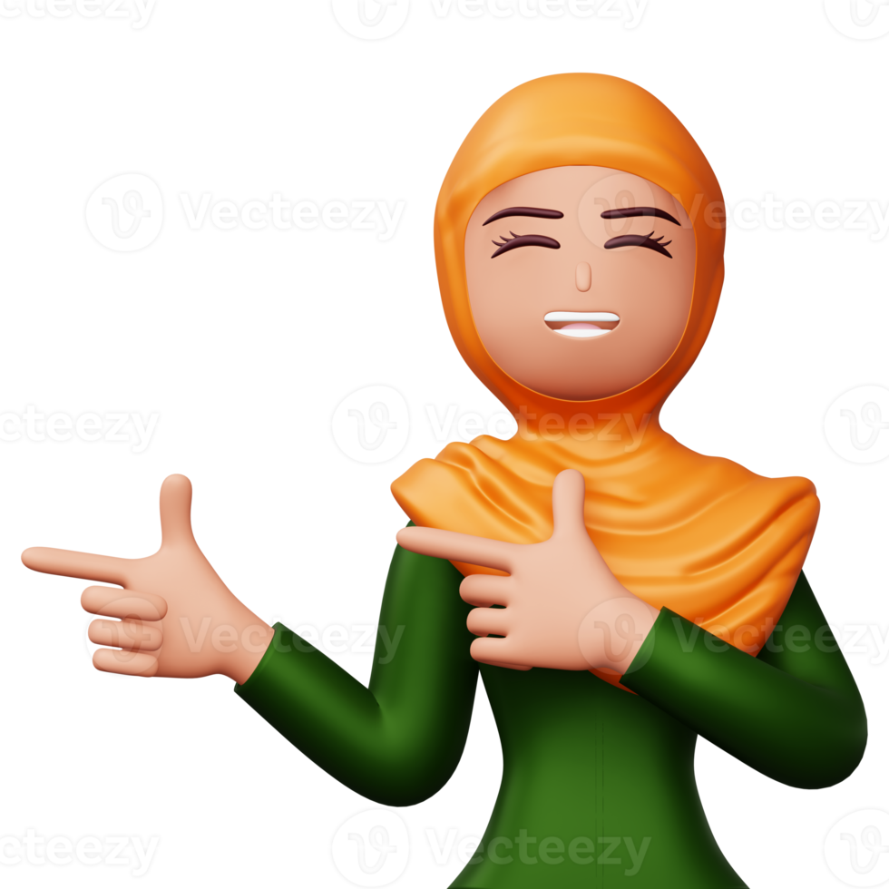 Happy excited woman pointing to the side, Cute cartoon character, 3d rendering png