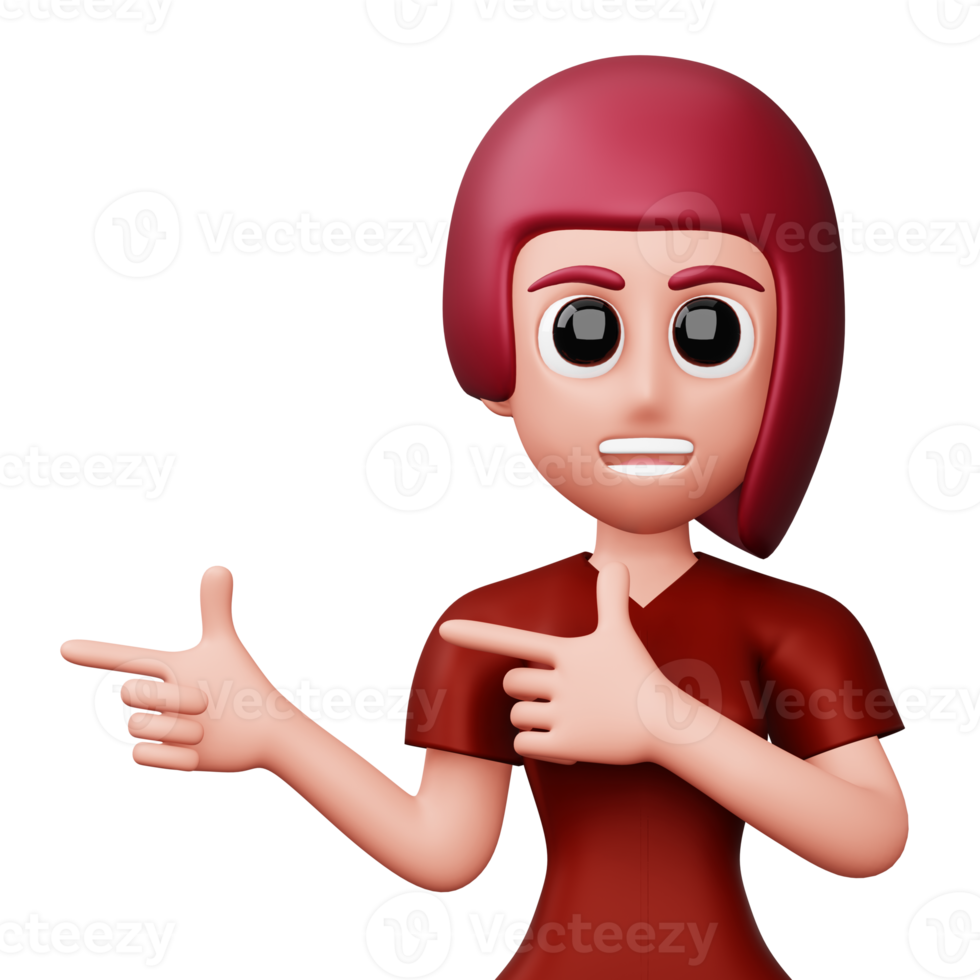 Happy excited woman pointing to the side, Cute cartoon character, 3d rendering png