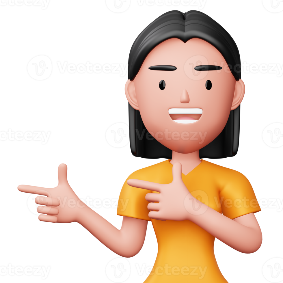 Happy excited woman pointing to the side, Cute cartoon character, 3d rendering png