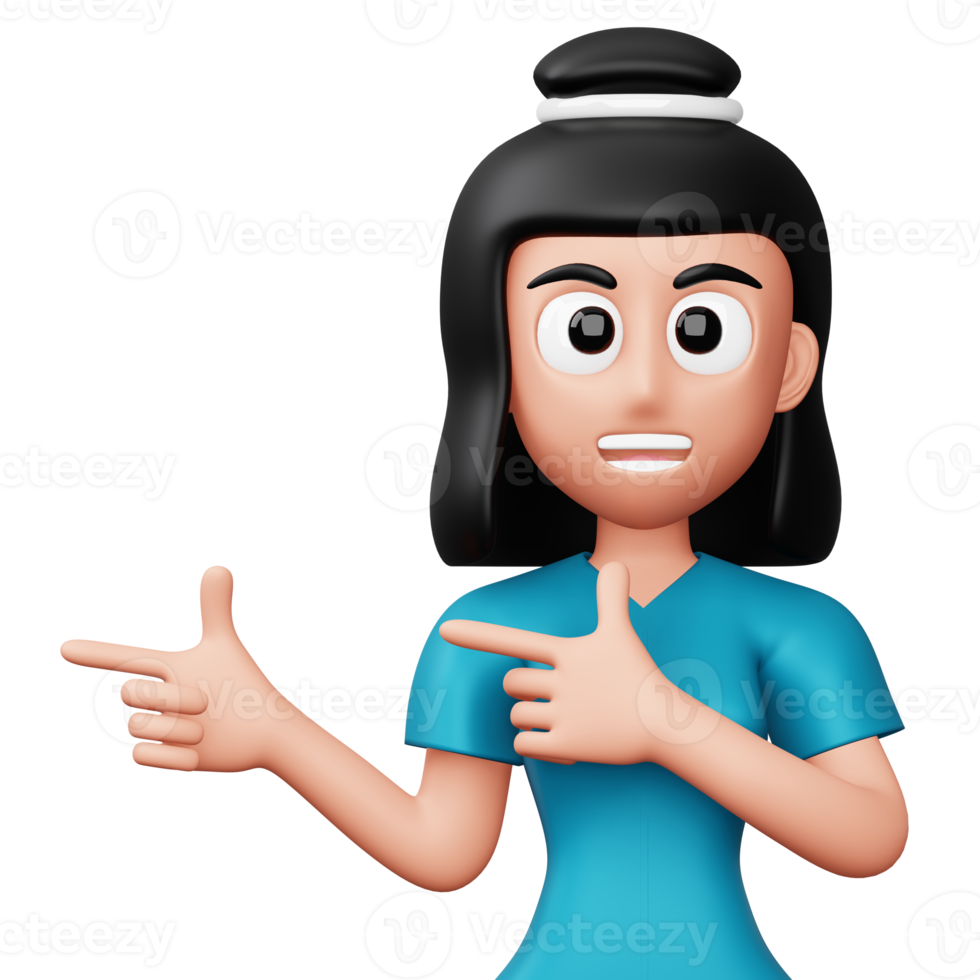 Happy excited woman pointing to the side, Cute cartoon character, 3d rendering png