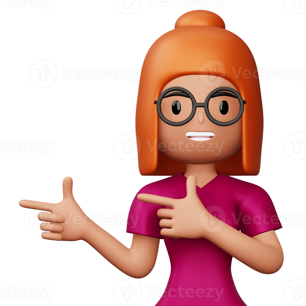 Happy excited woman pointing to the side, Cute cartoon character, 3d rendering png