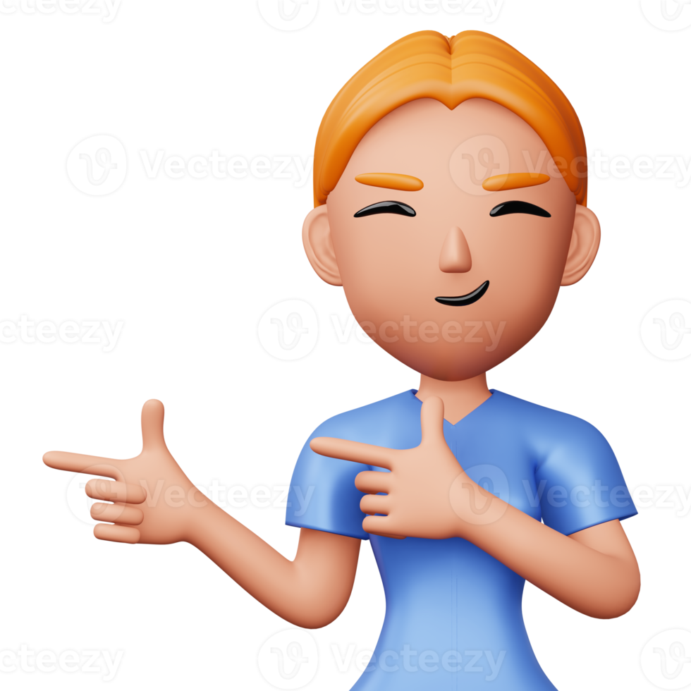 Happy excited woman pointing to the side, Cute cartoon character, 3d rendering png