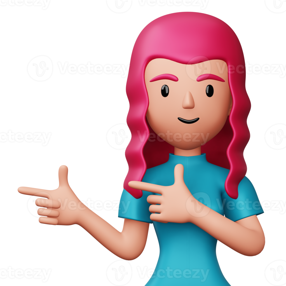 Happy excited woman pointing to the side, Cute cartoon character, 3d rendering png