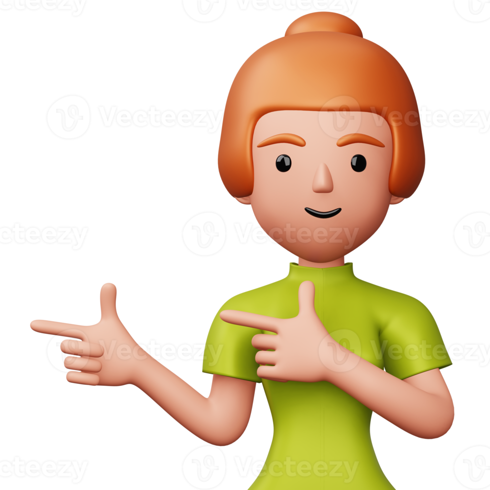 Happy excited woman pointing to the side, Cute cartoon character, 3d rendering png