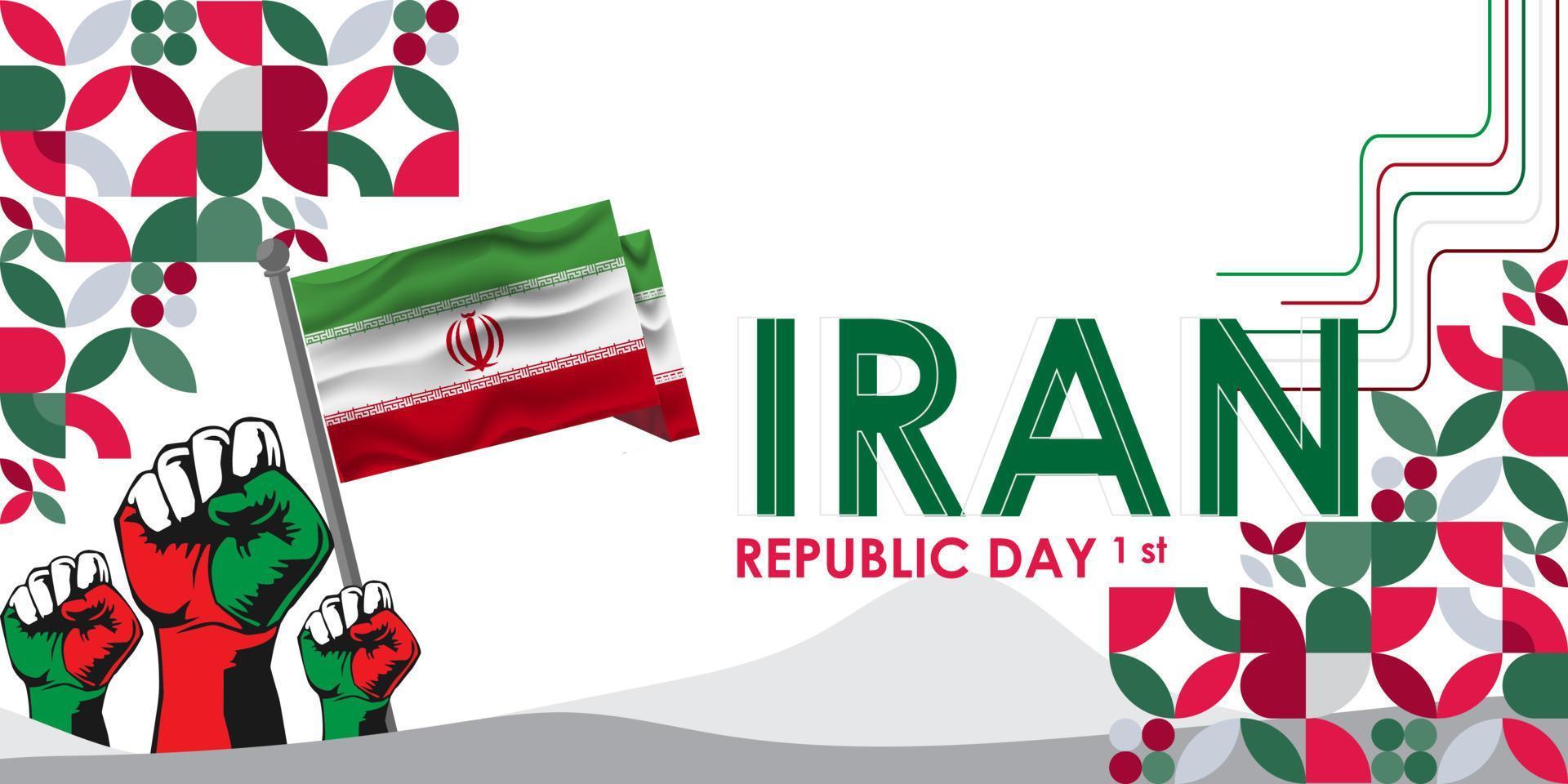 Iran national day banner with its name in Persian calligraphy. Iranian flag colors theme white background with geometric abstract vector