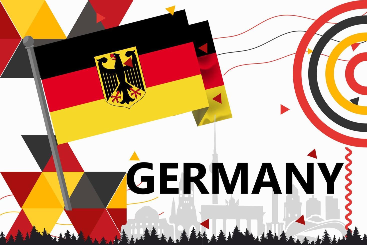 Germany National day or Deutschland banner abstract geometric shapes, berlin landscape landmarks. German flag and map. Red yellow vector