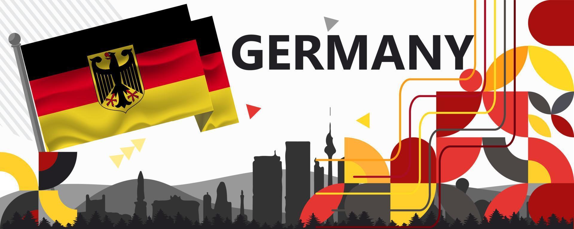 Germany National day or Deutschland banner abstract geometric shapes, berlin landscape landmarks. German flag and map. Red yellow vector