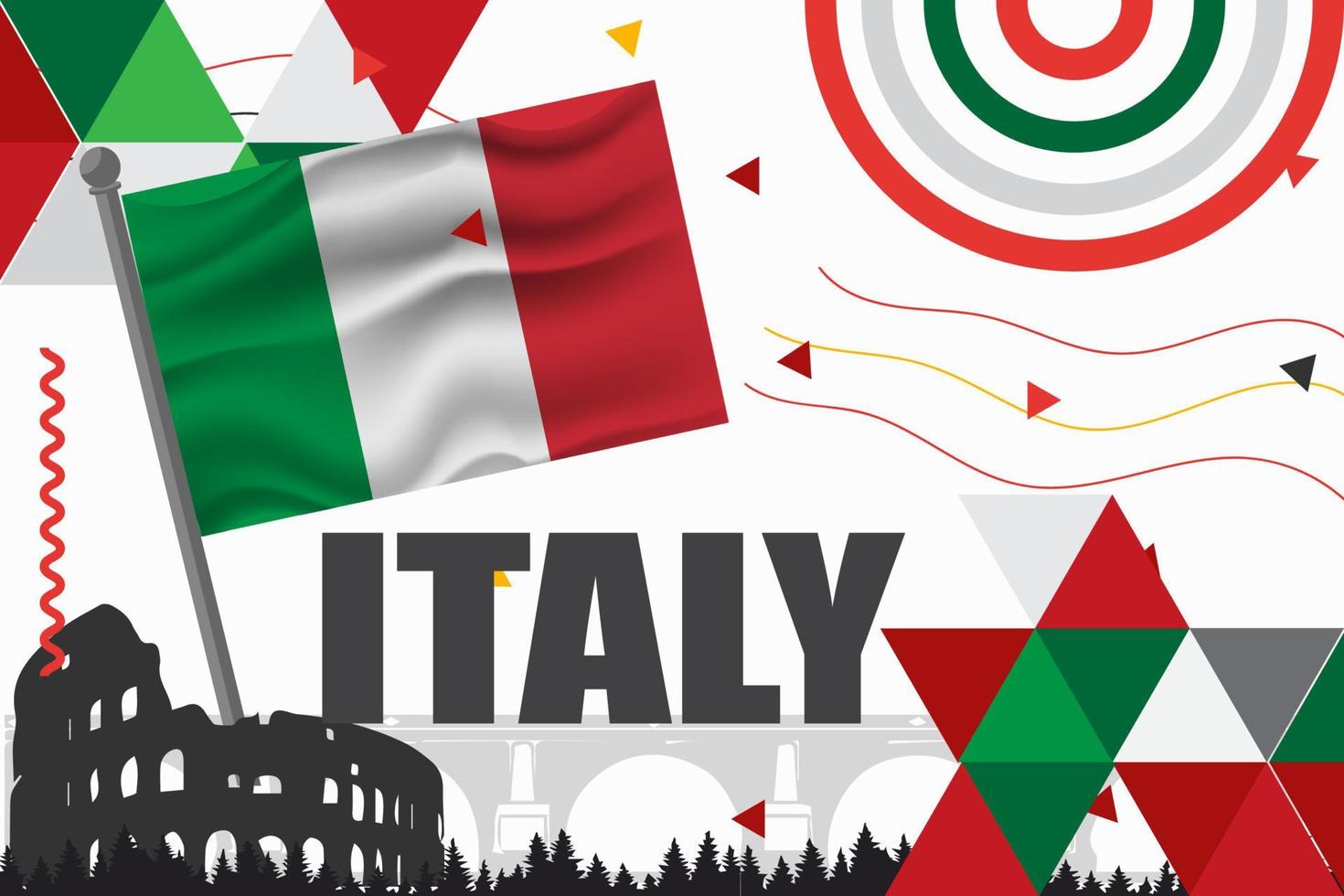 Italia national day banner design. Italian flag and map theme with Rome landmark background. Abstract geometric retro shapes of red and green color. Italy Vector illustration.