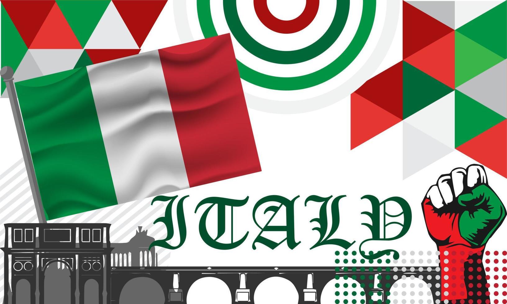 Italia national day banner design. Italian flag and map theme with Rome landmark background. Abstract geometric retro shapes of red and green color. Italy Vector illustration.