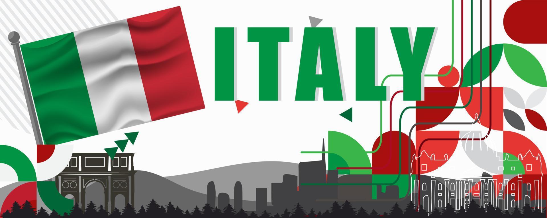 italia nacional día bandera diseño. italiano bandera y mapa tema con Roma punto de referencia antecedentes. resumen geométrico retro formas de rojo y verde color. Italia vector ilustración.