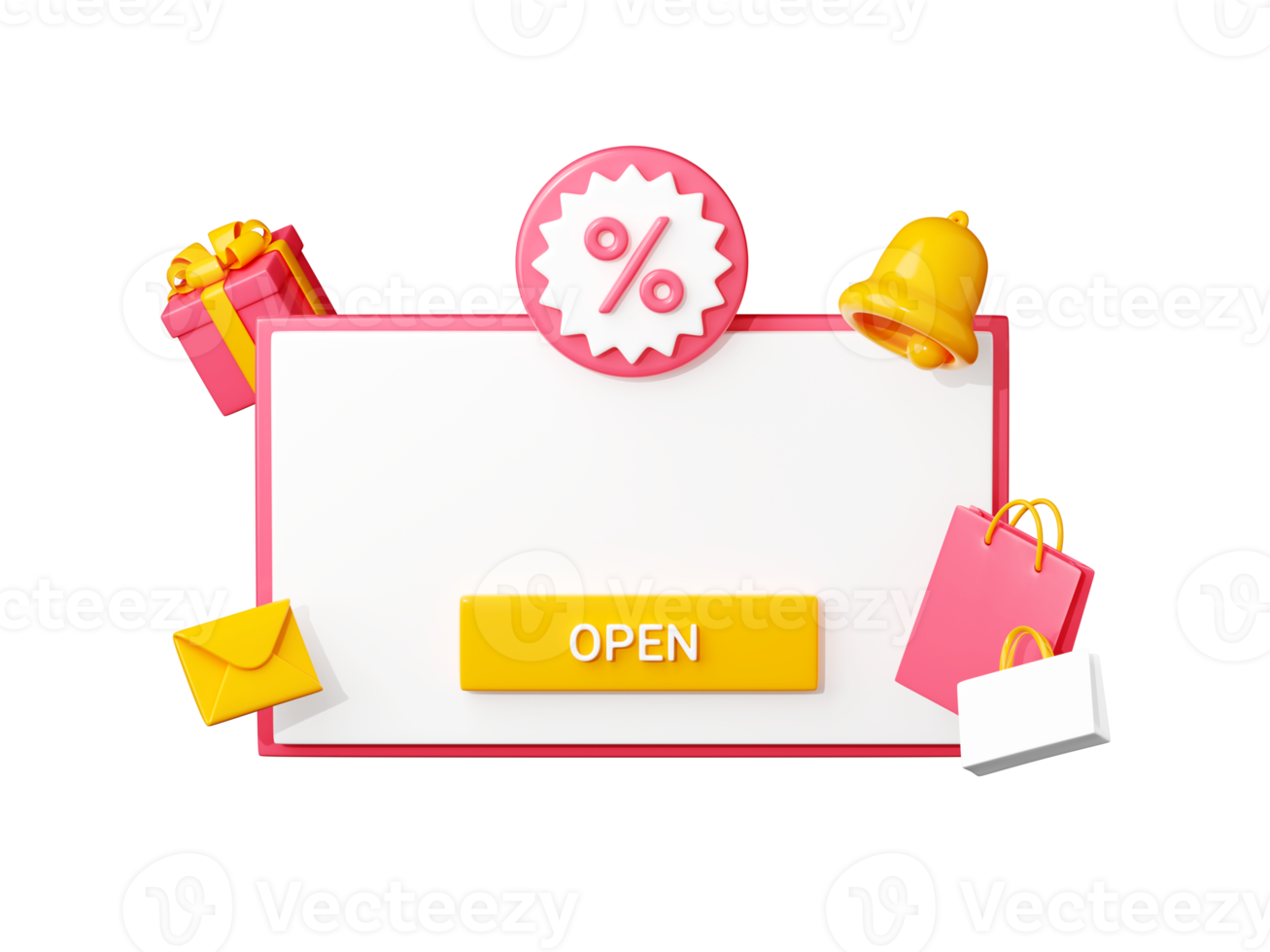 Discount reminder 3d render template - white banner with empty space for text, percent sign and push button. png