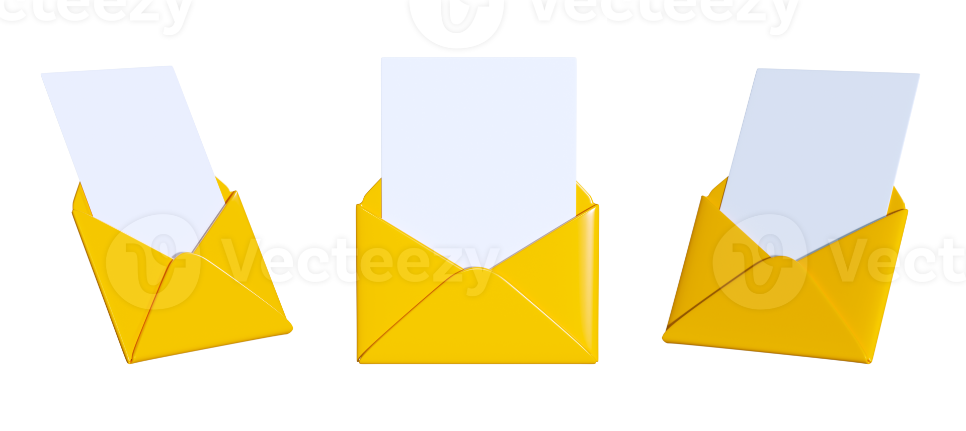 Mail 3d render - open yellow paper envelope with blank card. Set of letter with template for notice or message. png