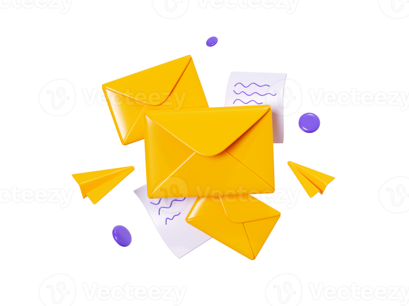 Mailing list with news 3d render - closed and open yellow envelope with papers text message and flying paper planes. png