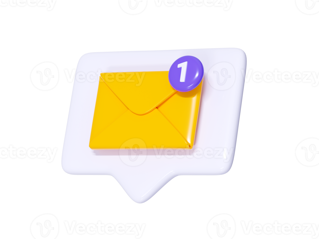 Message notification 3d render - yellow closed envelope with number notice on white speech bubble. png