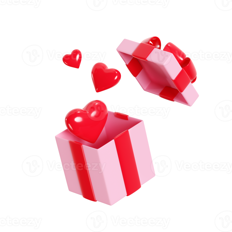 Open gift box with hearts flying away 3d render illustration - romantic love pink floating present box with red ribbon. png
