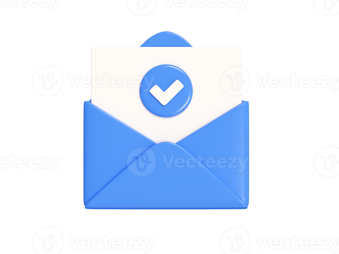Open letter with card and check mark 3d render - blue envelope with white paper and check. png