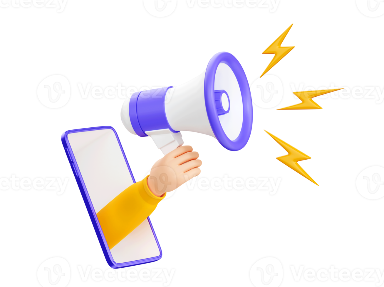 Loudspeaker 3d render - human hand holding megaphone with lightnings for announcement or advertising message. png