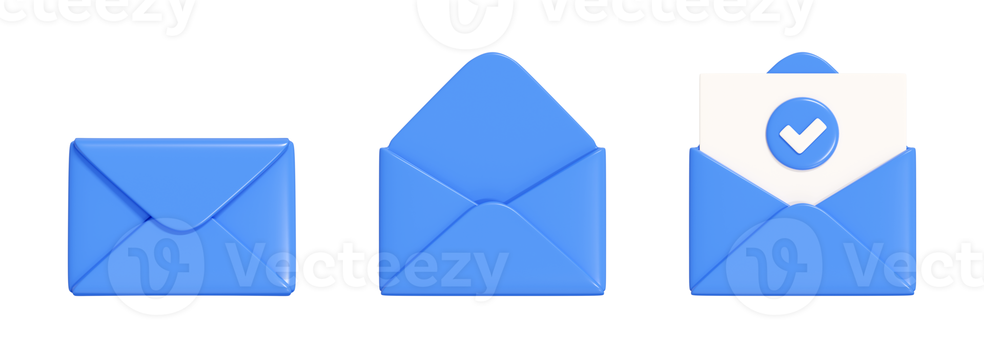 Letter 3d render set - blue envelope collection closed and open with paper. Sending newsletter or subscription concept. Icons for sending message by mail. png
