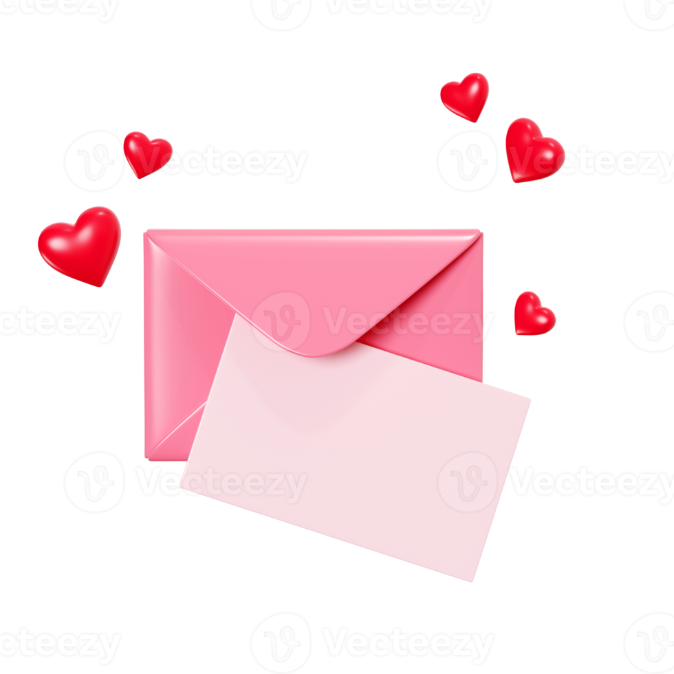 Love letter 3d render - open pink envelope with paper card and flying red heart decoration. png