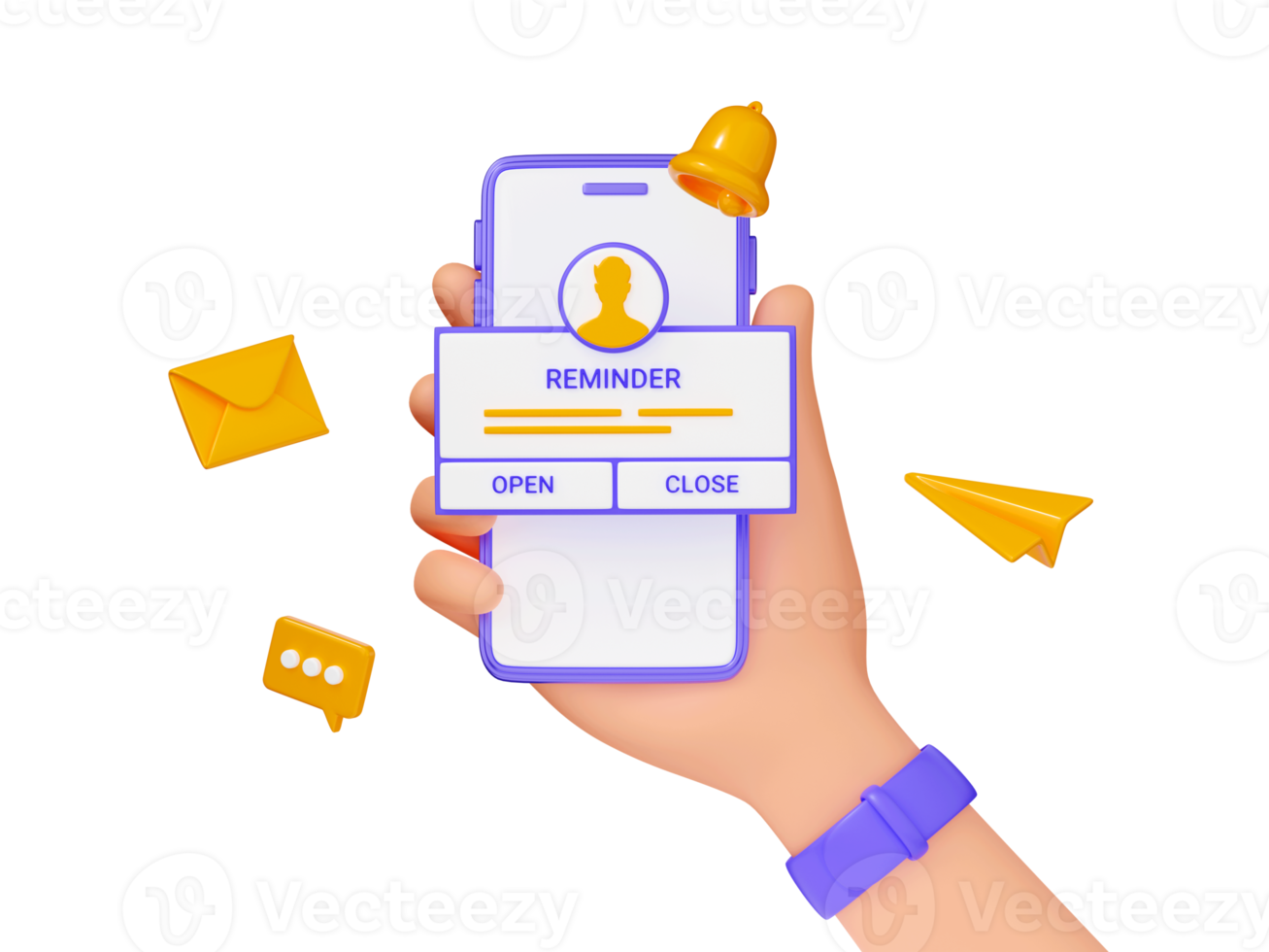 Reminder 3D render - mobile phone in hand with notification page and floating elements on purple. png